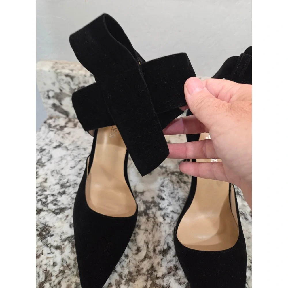 Maiernisi Jessi Black Faux Suede Pointed Toe Bow Ankle Strap Stiletto Heels 8.5